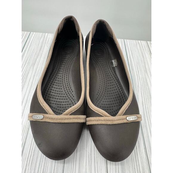 Crocs Espresso Brown w/ Suede Trim Ballet Slip-On Women's Flats Sz 10 Round Toe - Picture 1 of 7